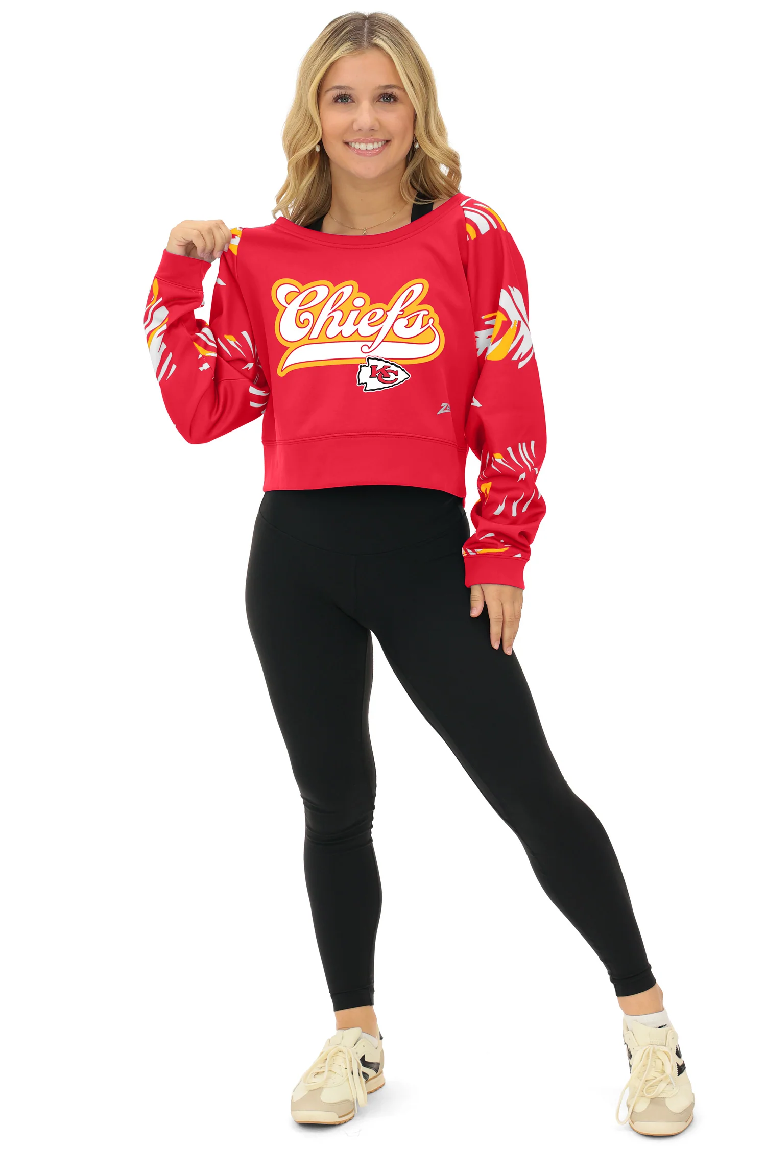 Zubaz NFL Women's Script 3 Color Leaf Boatneck Raglan Crew, KANSAS CITY CHIEFS - Image 4