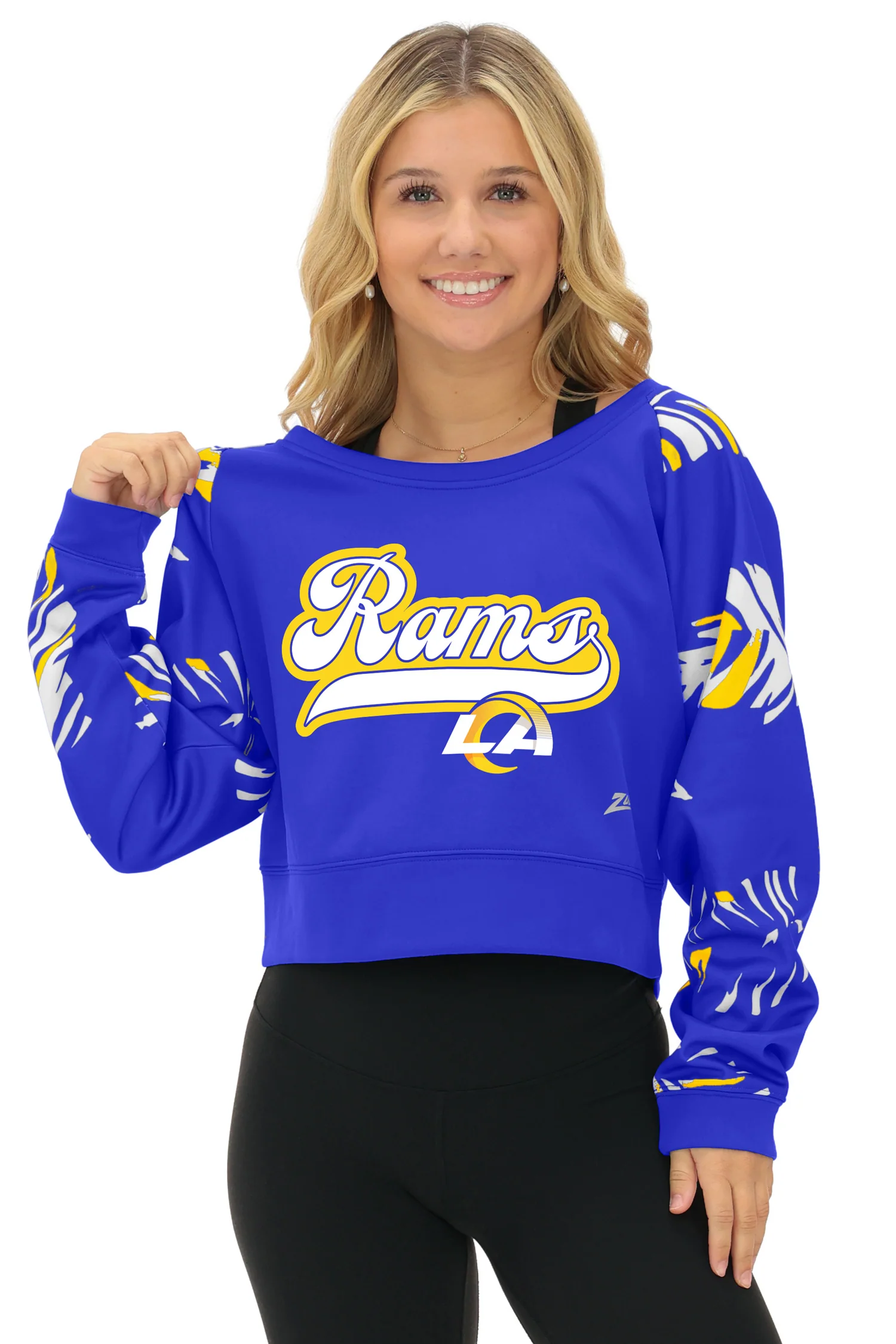 Zubaz NFL Women's Script 3 Color Leaf Boatneck Raglan Crew, LOS ANGELES RAMS - Image 31