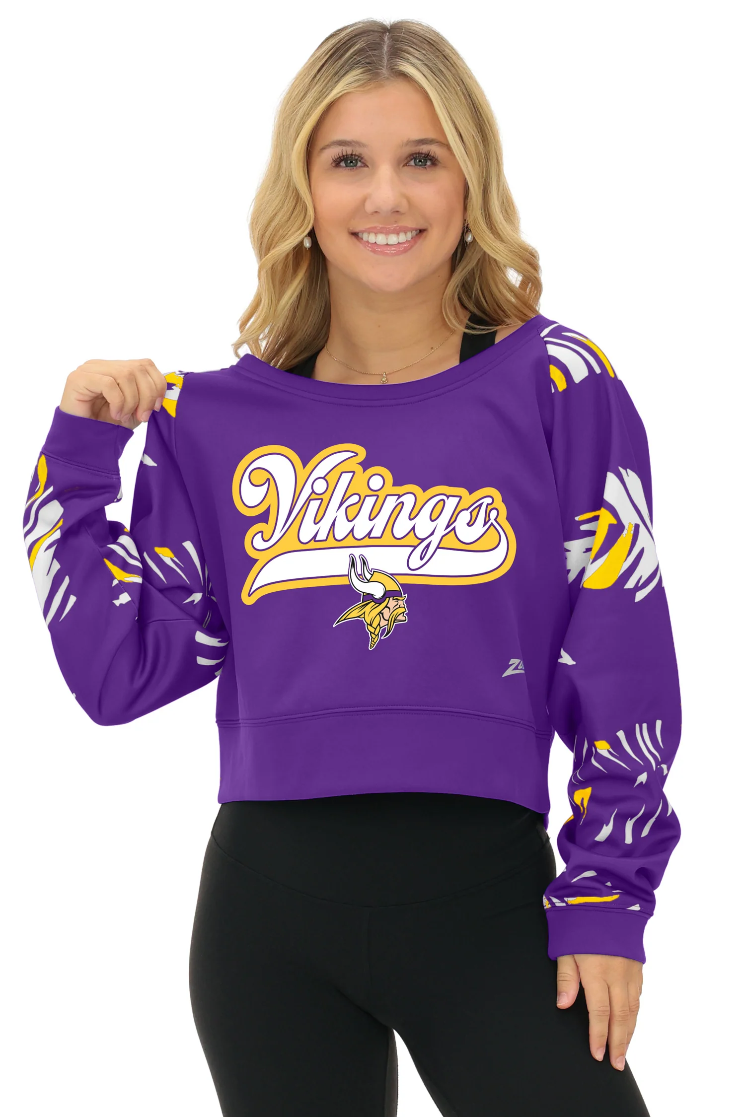 Zubaz NFL Women's Script 3 Color Leaf Boatneck Raglan Crew, MINNESOTA VIKINGS - Image 41