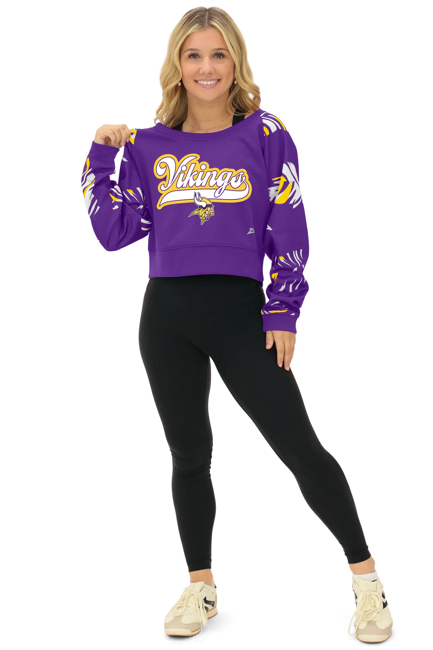 Zubaz NFL Women's Script 3 Color Leaf Boatneck Raglan Crew, MINNESOTA VIKINGS - Image 8