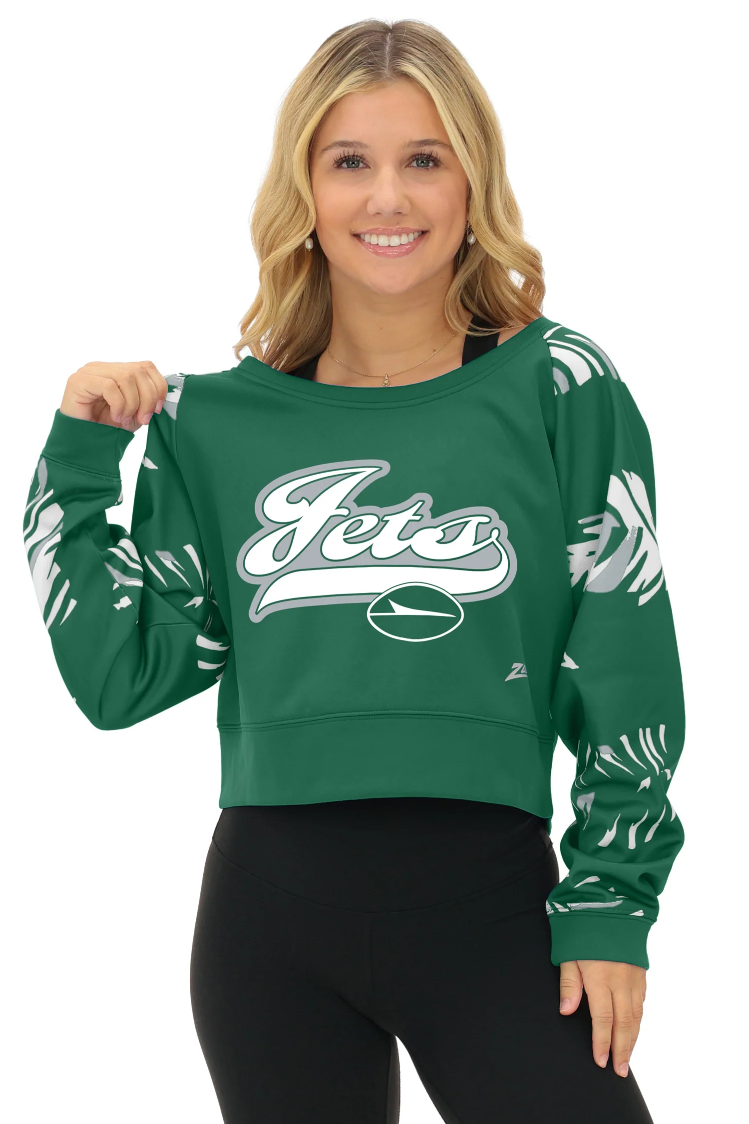 Zubaz NFL   Women's Script 3 Color Leaf Boatneck Raglan Crew, NEW YORK JETS - Image 21