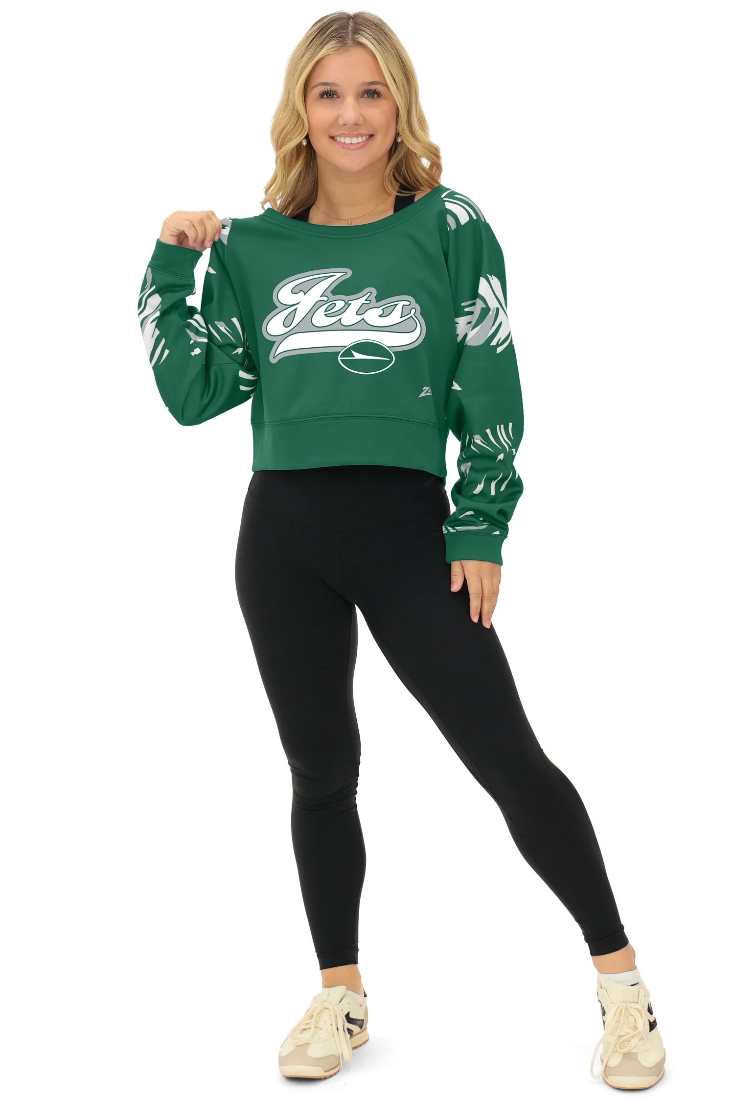 Zubaz NFL   Women's Script 3 Color Leaf Boatneck Raglan Crew, NEW YORK JETS - Image 38