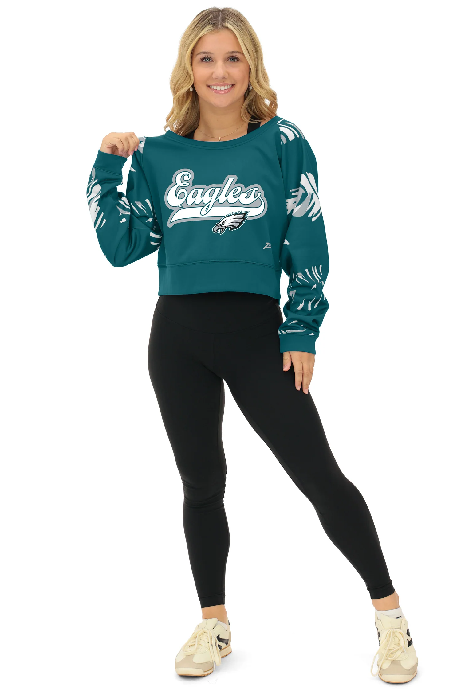 Zubaz NFL Women's Script 3 Color Leaf Boatneck Raglan Crew, PHILADELPHIA EAGLES - Image 33