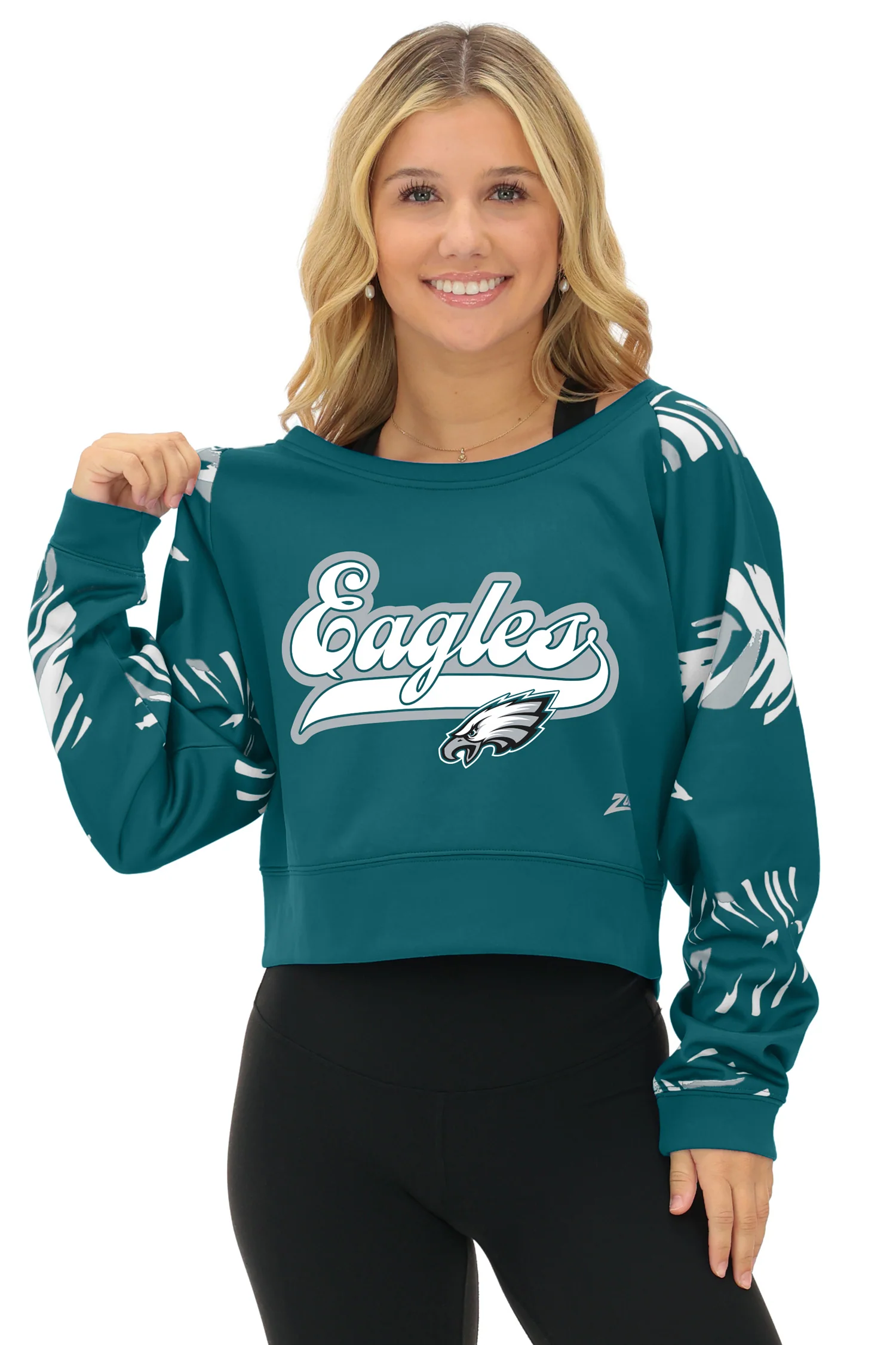 Zubaz NFL Women's Script 3 Color Leaf Boatneck Raglan Crew, PHILADELPHIA EAGLES - Image 41