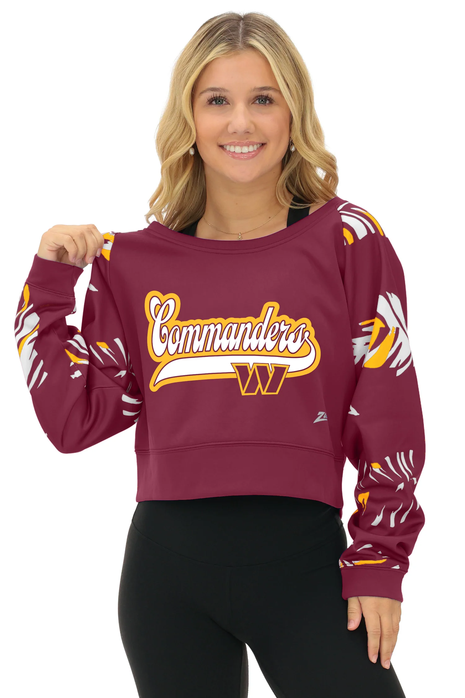 Zubaz NFL Women's Script 3 Color Leaf Boatneck Raglan Crew, WASHINGTON COMMANDERS - Image 2